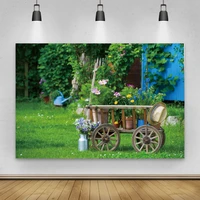 laeacco spring garden green grass lawn wooden trolley flowers scenic photographic background photo backdrop for photo studio