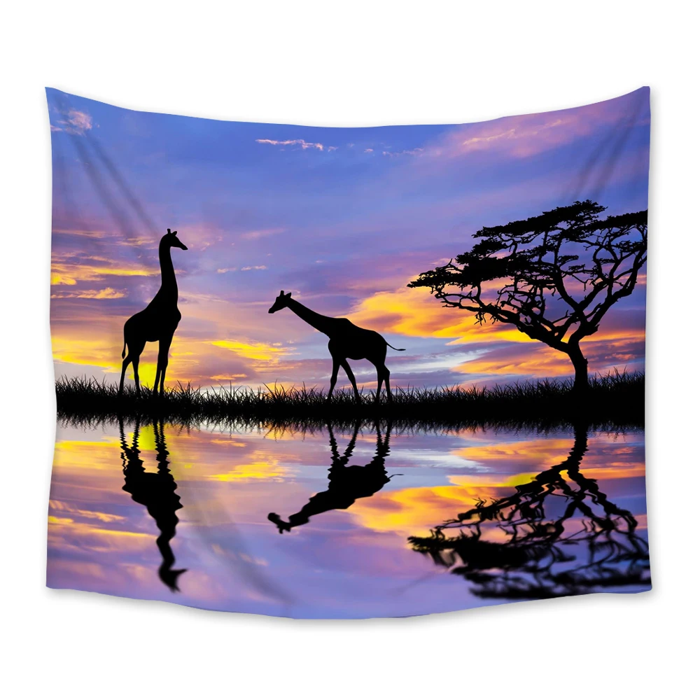 

African Giraffe Animal Silhouette Tapestry Wall Hanging Tapestries Dorm Art Home Decor Traveling Camping Beach Towel Yoga Mat