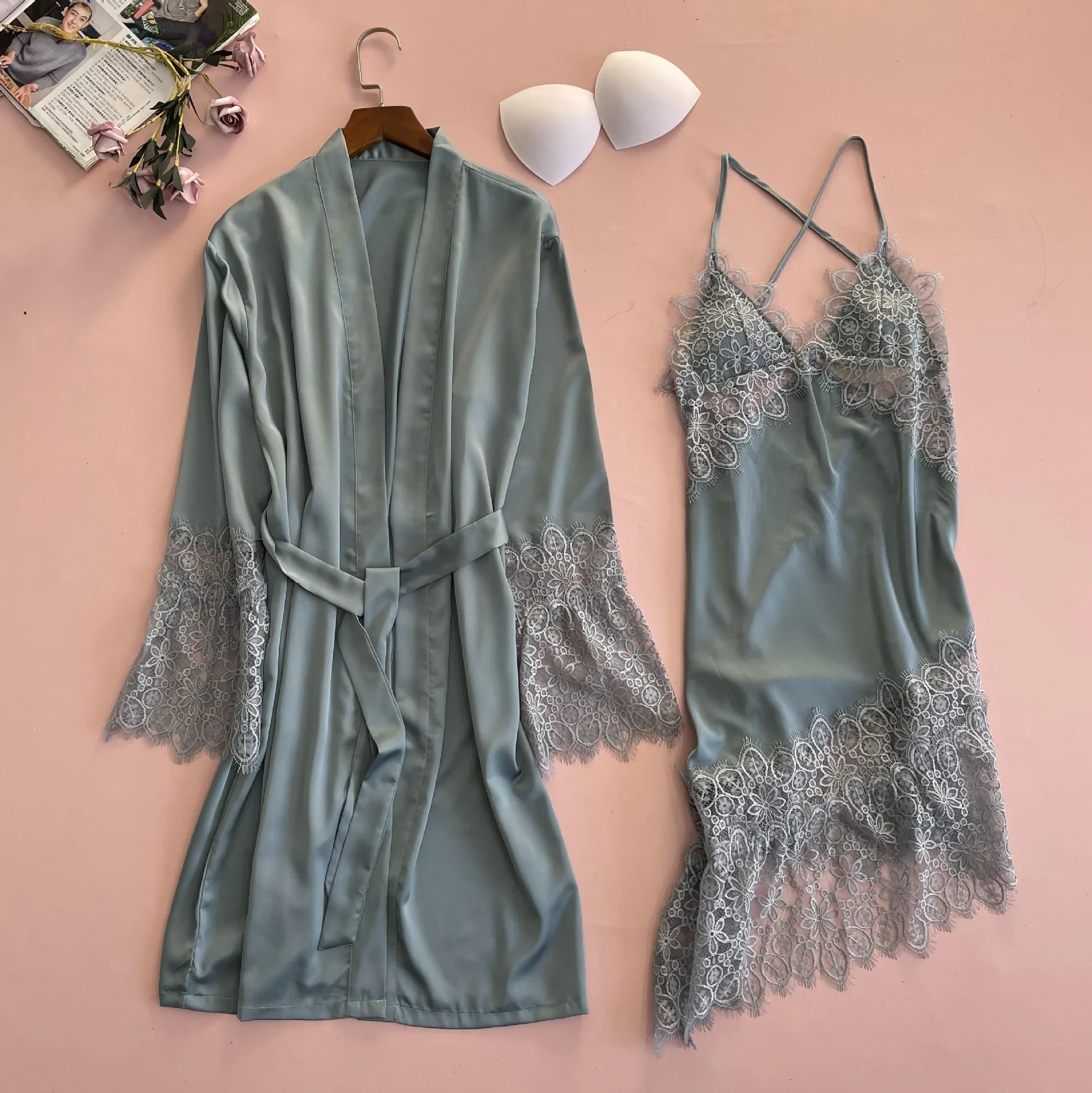 

Lace Patchwork Nightdress Sexy 2 Piece Women Robe Sets Faux Silk Sleepwear Kimono Bathrobe Gown Spring New Intimate Lingerie