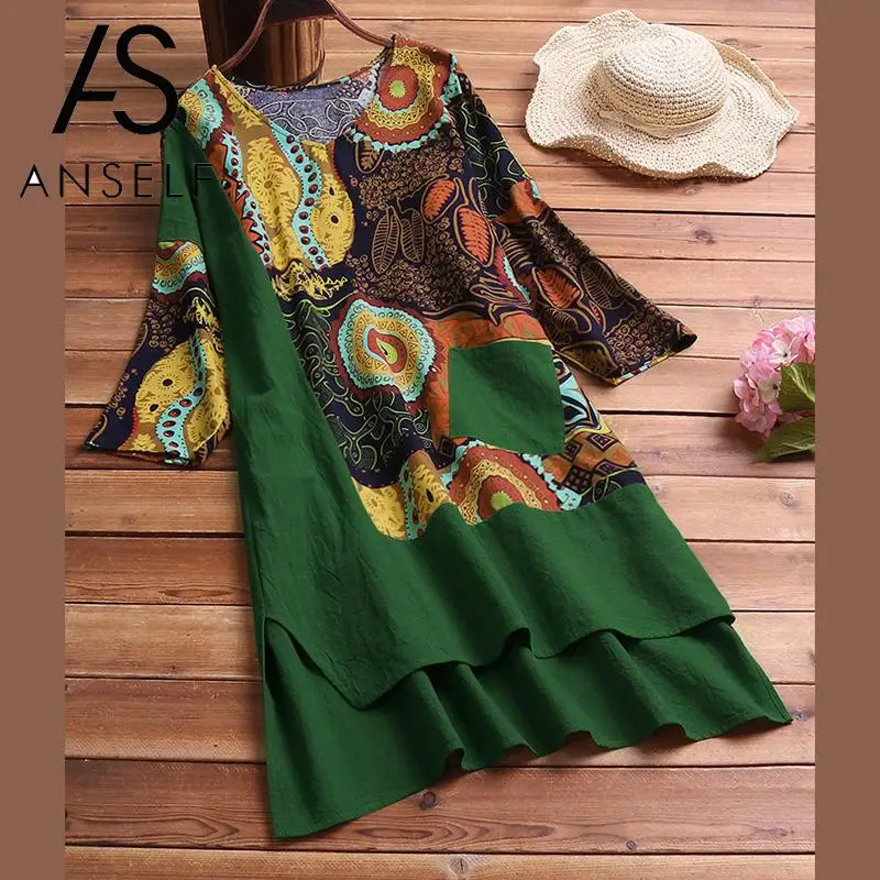 Женское льняное платье с разрезом на подоле винтажное из хлопка и льна принтом