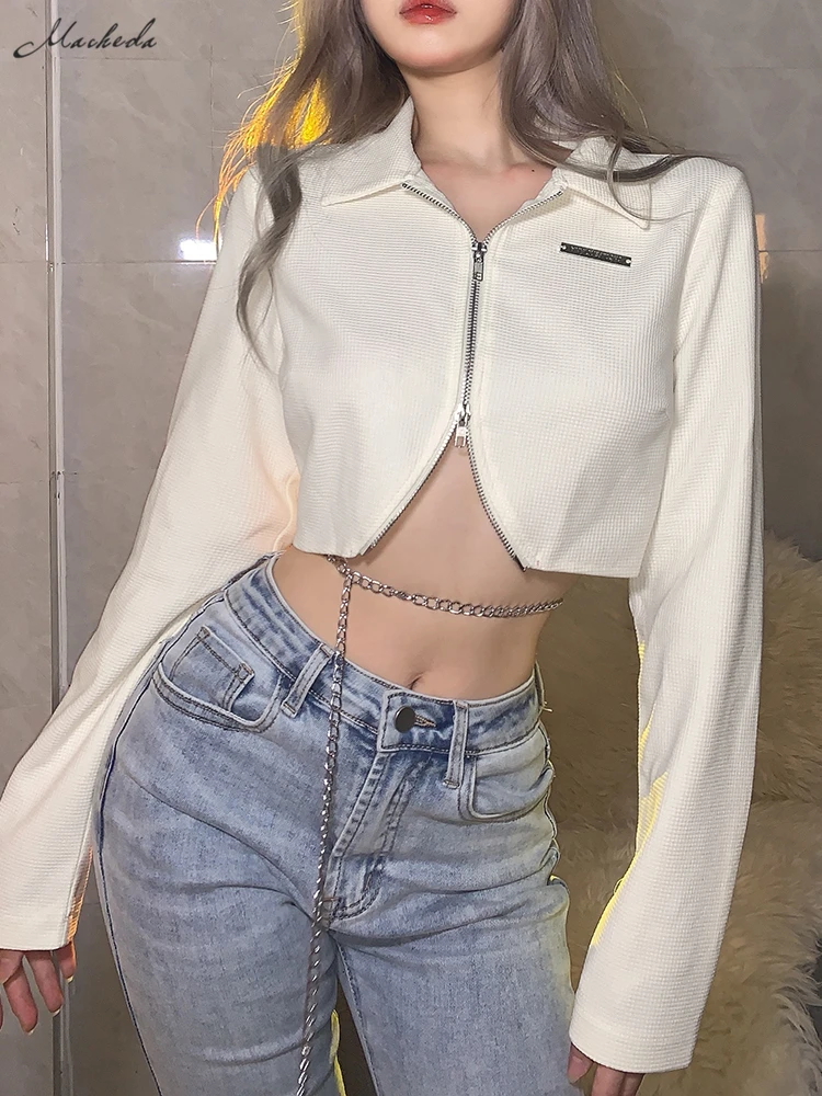 

Macheda Autumn crop jacket zipper open front fashion short coat young girls trend versatile white top slim and comfortable tide