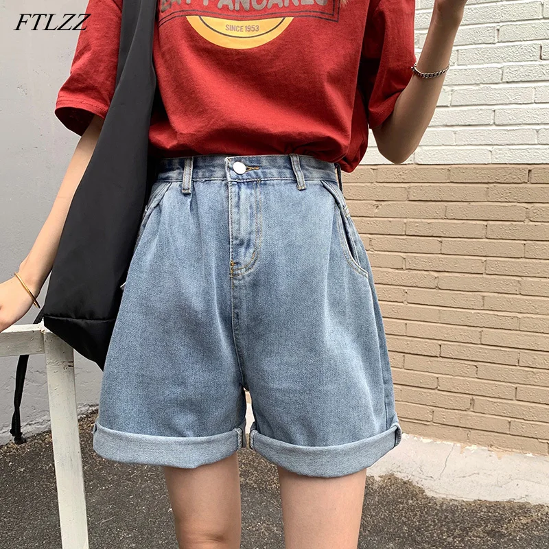 FTLZZ 2021 New Summer Women Retro High Waist Blue Denim Shorts Streetwear Female Wide Leg Loose Straight Jean Ladies | Женская одежда