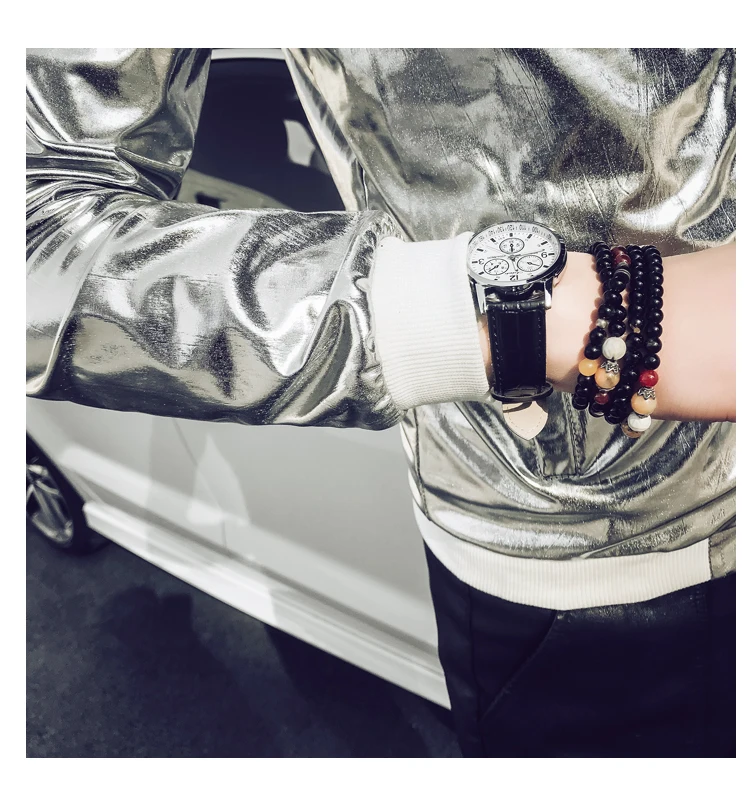 

Bomber Jacket Men Silver Bright Thin Reflective Jacket Coats Male Streetwear Stretch Slim Fit Hip Hop Nightclub Stage Jacket Man