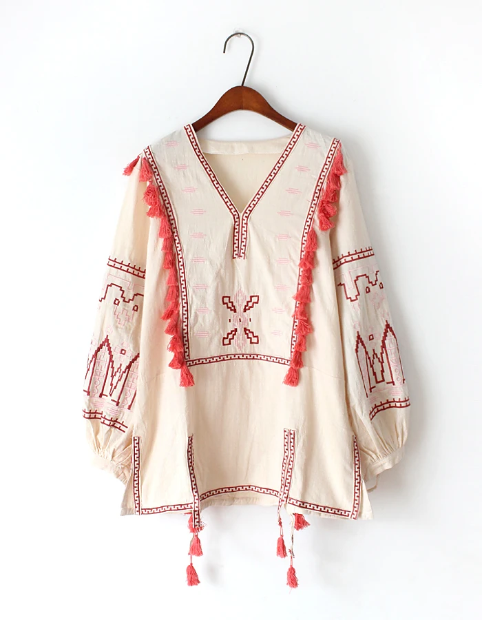 GypsyLady/Хлопковые блузки с цветочной вышивкой, рубашка, осенняя винтажная туника с длинными рукавами в стиле бохо, хиппи, этнический Топ