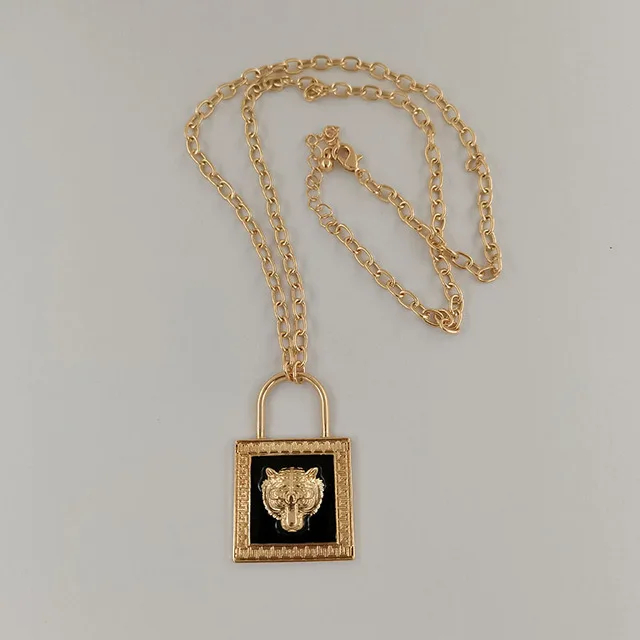 

Cool Fashionable Exaggerated Black Enamal Lion Head Pendant Necklace Lock Pendant Long Geometric Metal Animal Necklace