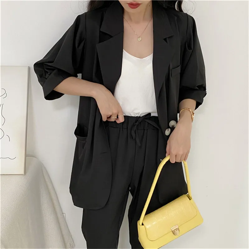

Mazefeng 2020 New Summer Women Sets 2 Piece Matching Pants 3 Colors Casual High Elastic Waist Half Lantern Sleeve Suit Size S M