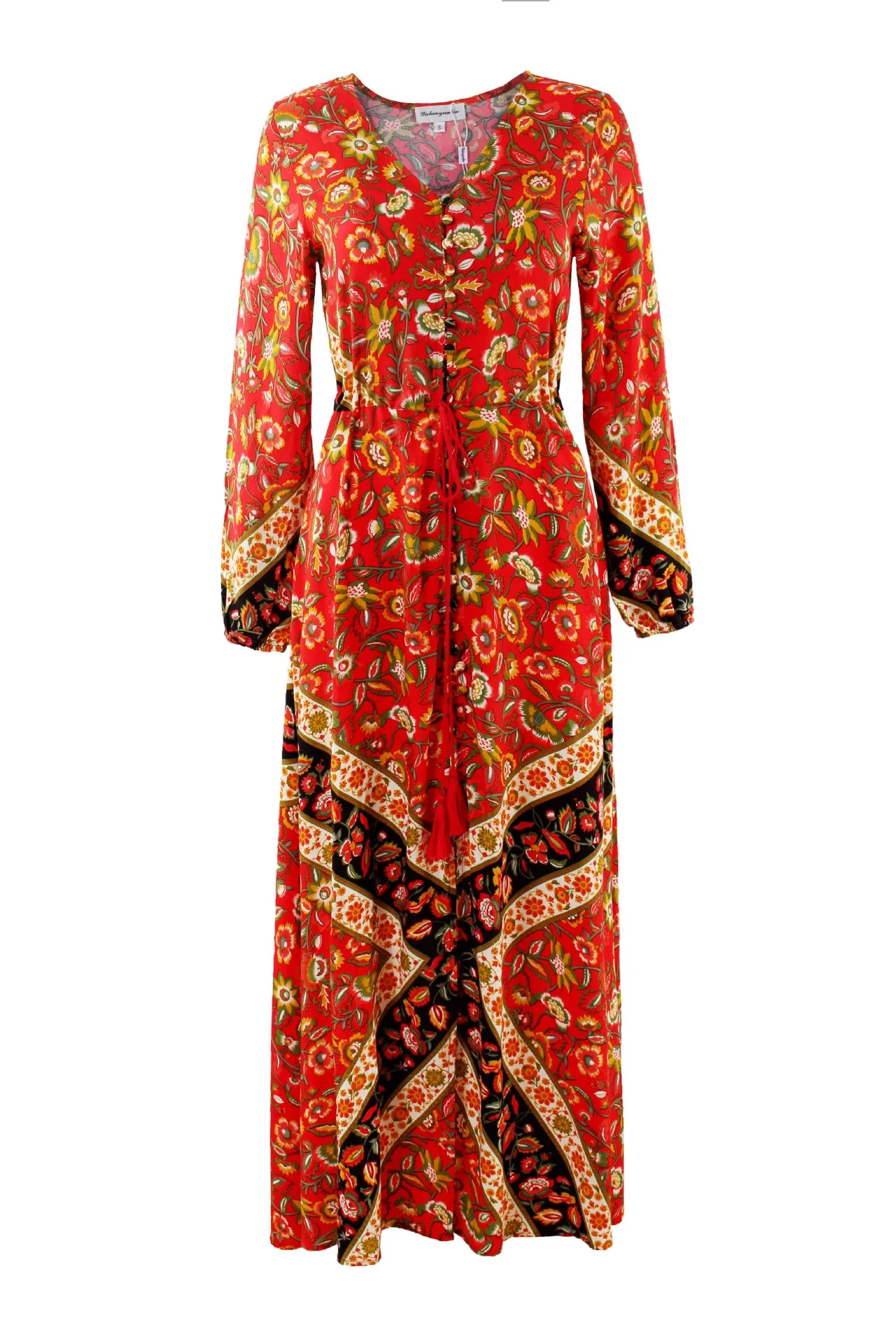 

Summer beach Bohemian print long skirt pure cotton lace splicing V-neck sexy woman dress vintage dress dress for women