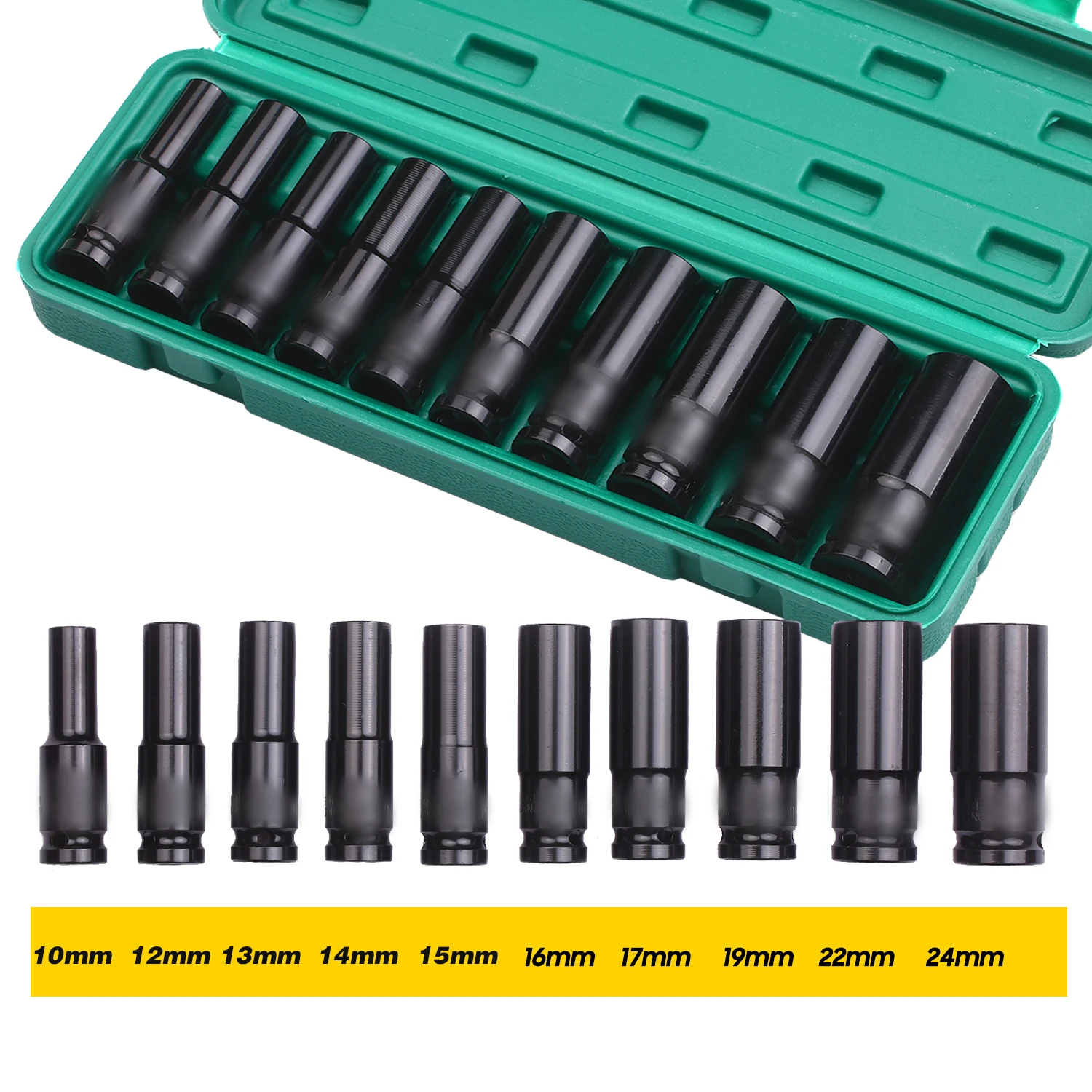 

10Pcs 1/2Inch Drive 6-Point Impact Socket Set Metric Sizes 10-24mm Carbon Steel with Hard Storage Box Hand Tools Set Sockets