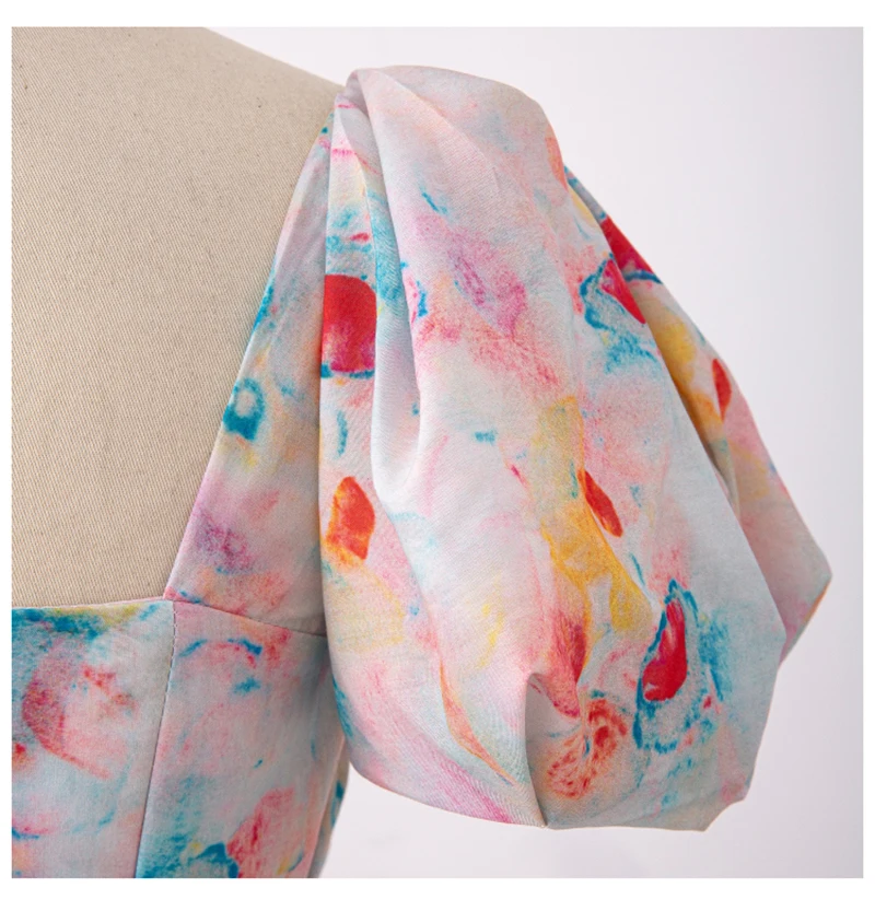 

[EAM] Women Casual Printed Pleated Bow Dress New Square Neck Puff Short Sleeve Loose Fit Fashion Tide Spring Summer 2021 1DD9070