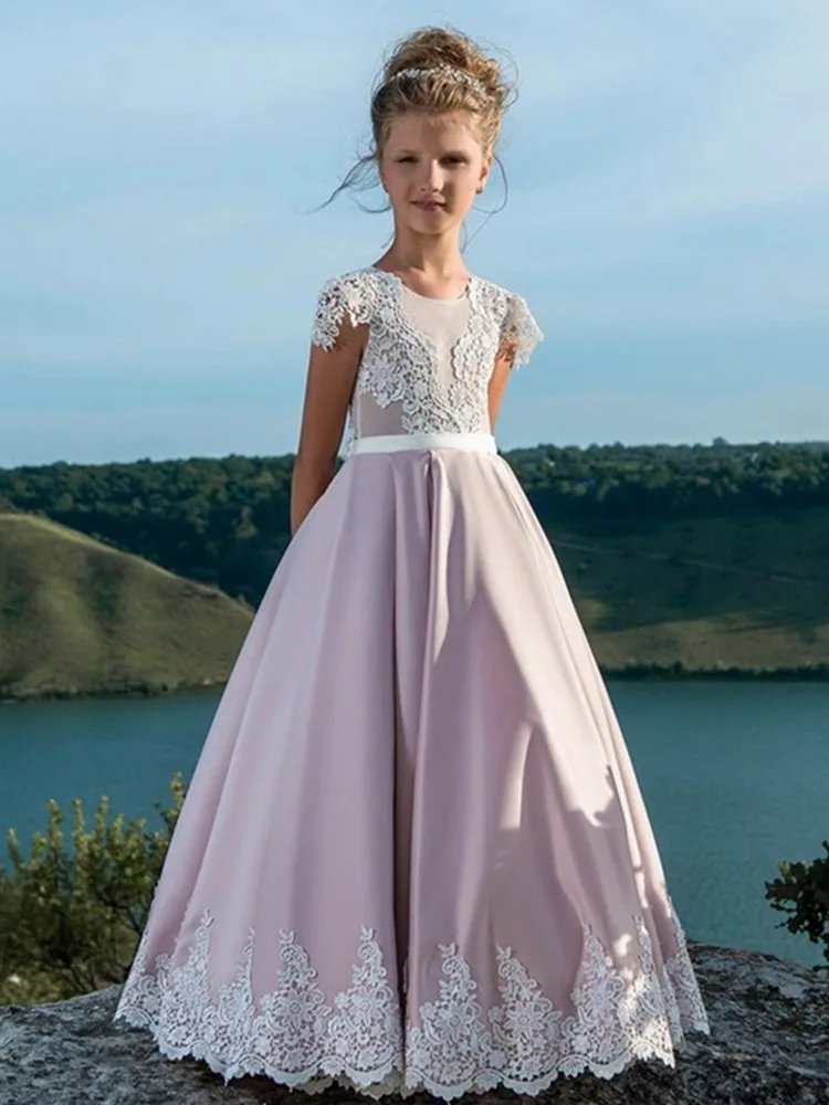 Розовые Атласные Платья с цветочным узором для девочек вечерние кружевные