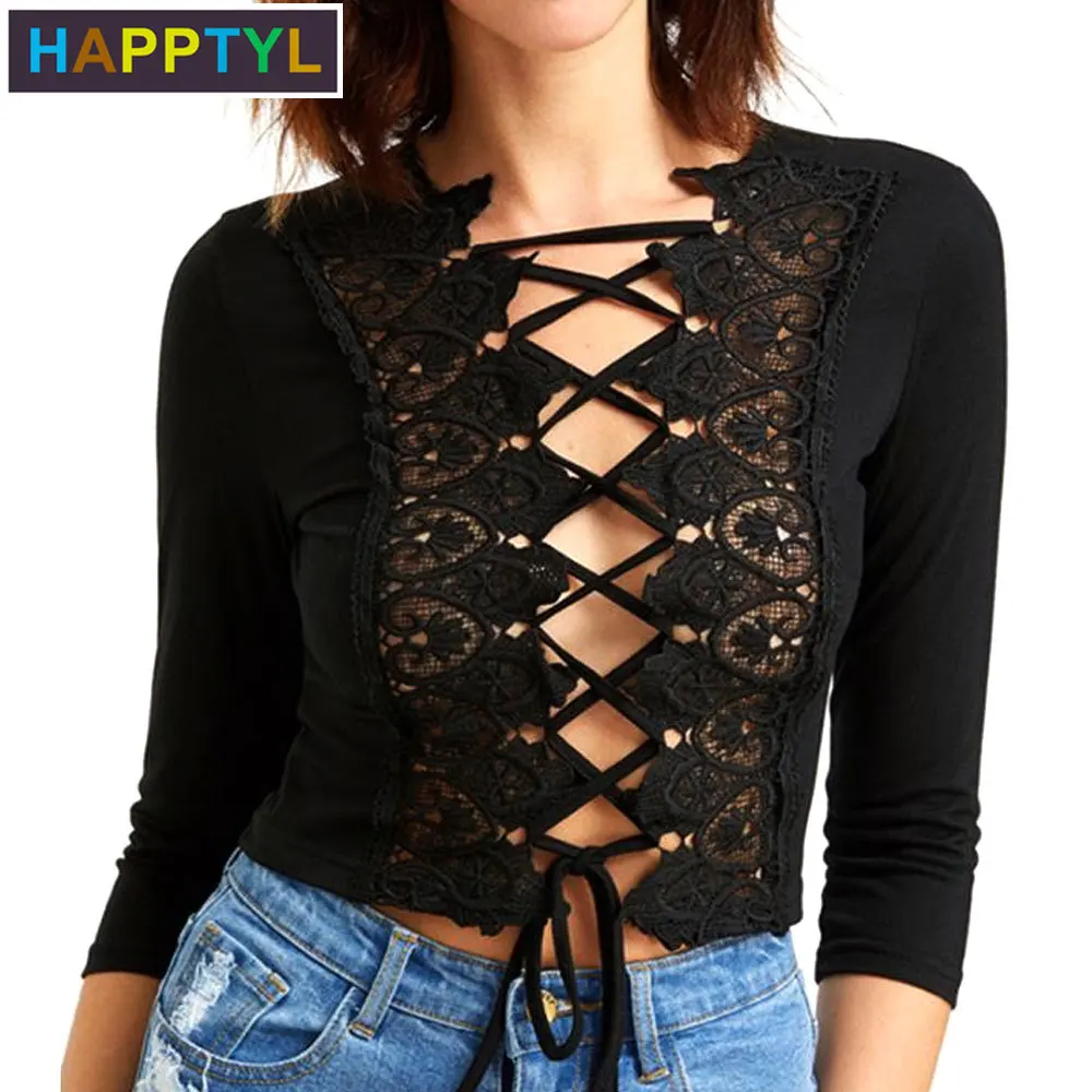 

HAPPTYL 1Pcs Women's Sexy Crop Tops Cropped Sleeves Hollow strap Lace stitching Casual Slim Tees