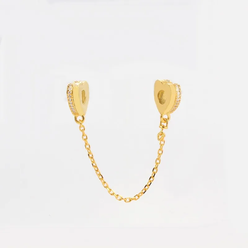 

Original 925 Sterling Silver Three Color Heart With Crystal Cz Safety Chain Fit Pandora Women Bracelet & Necklace Diy Jewelry