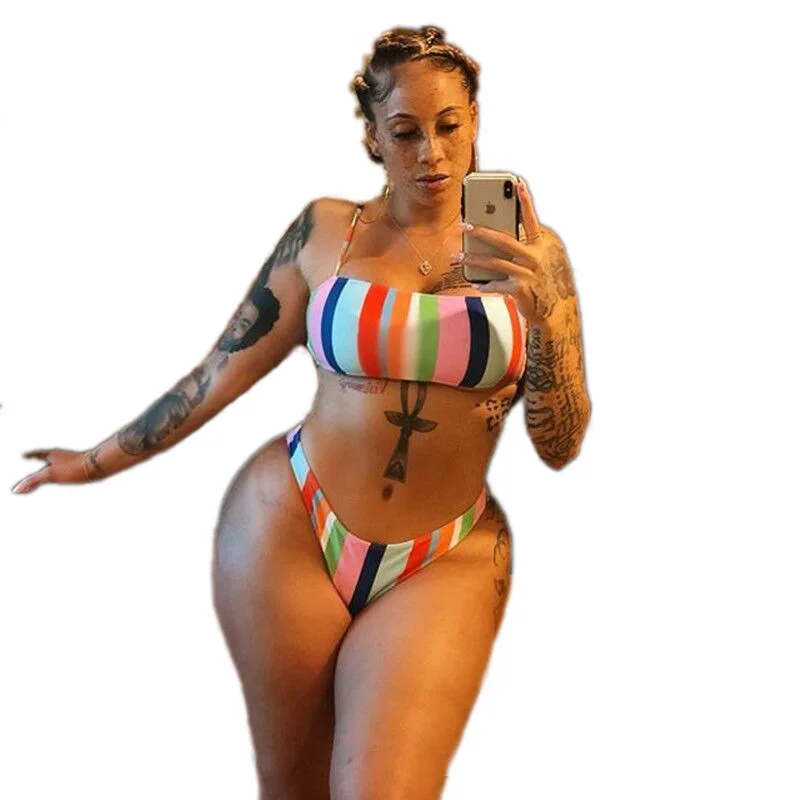 

S-XL Women Colorful Striped Push Up High Cut High Waisted Bikini Set 2 Piece Bathing Suit