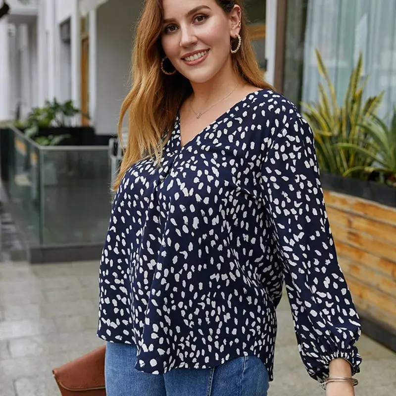 

Women Plus Size Lantern Sleeves Loose T-Shirt Sexy V-Neck Pleated Flowy Tunic Tops Leopard Dot Printed Asymmetric Pullover XL-4