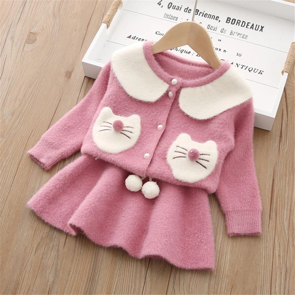 Новинка детский трикотажный свитер и юбка милая кошачья осенняя одежда для