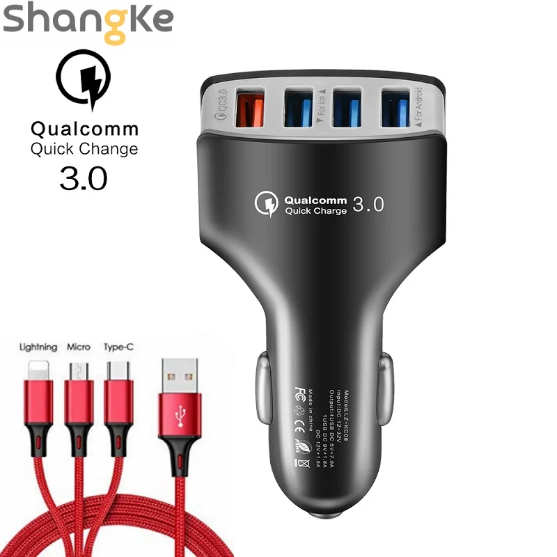 Автомобильный Зарядное устройство 4 Порты и разъёмы зарядных порта USB для автомобиля Зарядное устройство QC3.0 легко присоединяемого быстродействующего Зарядное устройство телефонный адаптер Комбинации комплект с 2.4A 3-в-1 кабель для быстрой зарядки