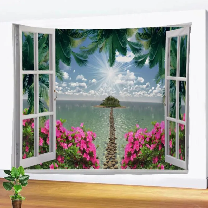 

3D Window Scenery Pattern Tapestry Art Wall Hanging Carpet Home Bedroom Decoration Beach Towel
