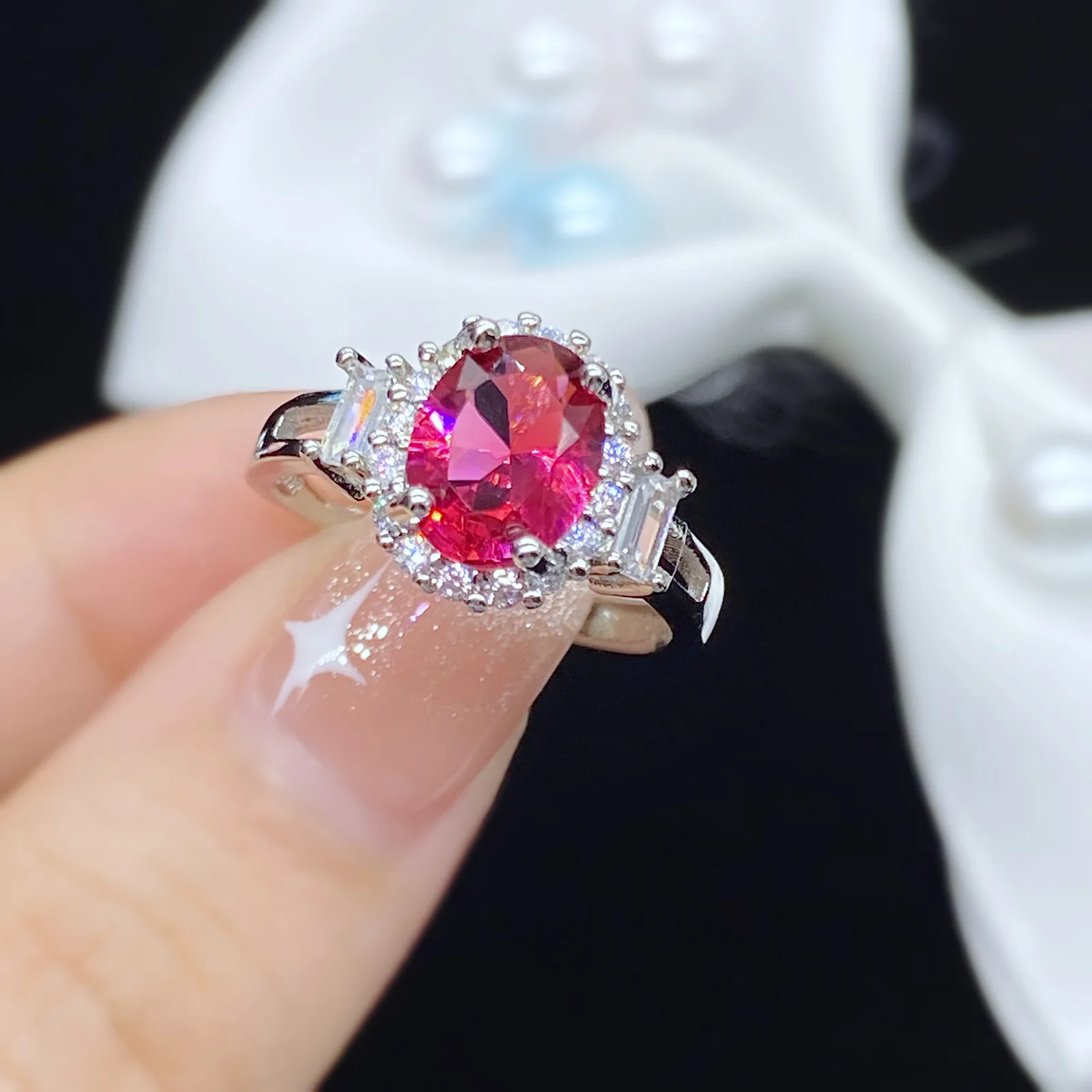 

925 New Fashion Temperament Oval Group Inlaid Zircon Simulation Red Tourmaline Color Treasure Adjustable Ring For Women Jewelry