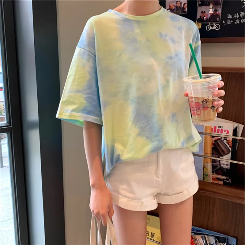 

Women Tie Dye O-neck Tshirt Summer Tees Shirts Short Sleeve Tops Female Fashion T-shirt Woman's Casual Harajuku Clothing