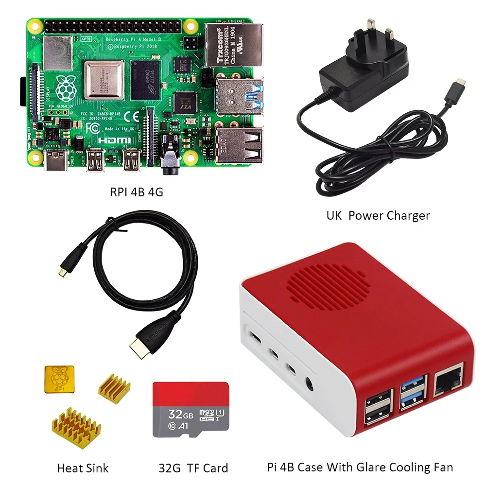 Verkaufen Original Raspberry Pi4 Modell B Kit 4GB RAM + Fall Mit Fan + EU/US/UK Typ-C 5V/3A Power Ladegerät + 32G Tf-karte + Kühlkörper