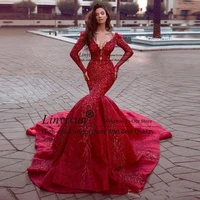 red mermaid prom dresses 2020 high side split long evening gowns open back appliqued lace long sleeve formal party gown elegant