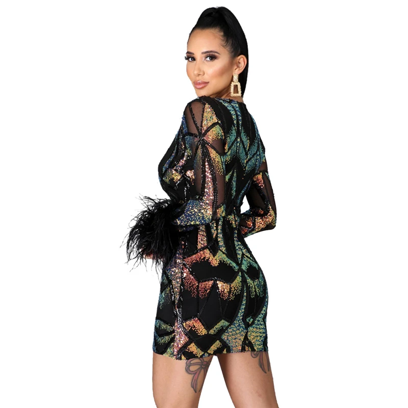 

Cutubly Deep V Neck Sexy Bodycon Dress Sequins Feather Mini Dress Sheer Mesh Long Sleeve Night Club Party Dresses For Women