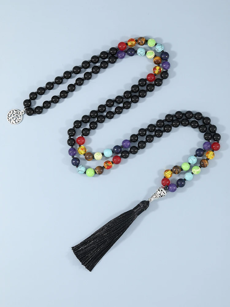 

YUOKIAA Mala Beads 108 Necklace Prayer Natural Stone Black Onyx 7 Chakra Healing Meditation Yoga Jewelry with Gourd Tree of Life