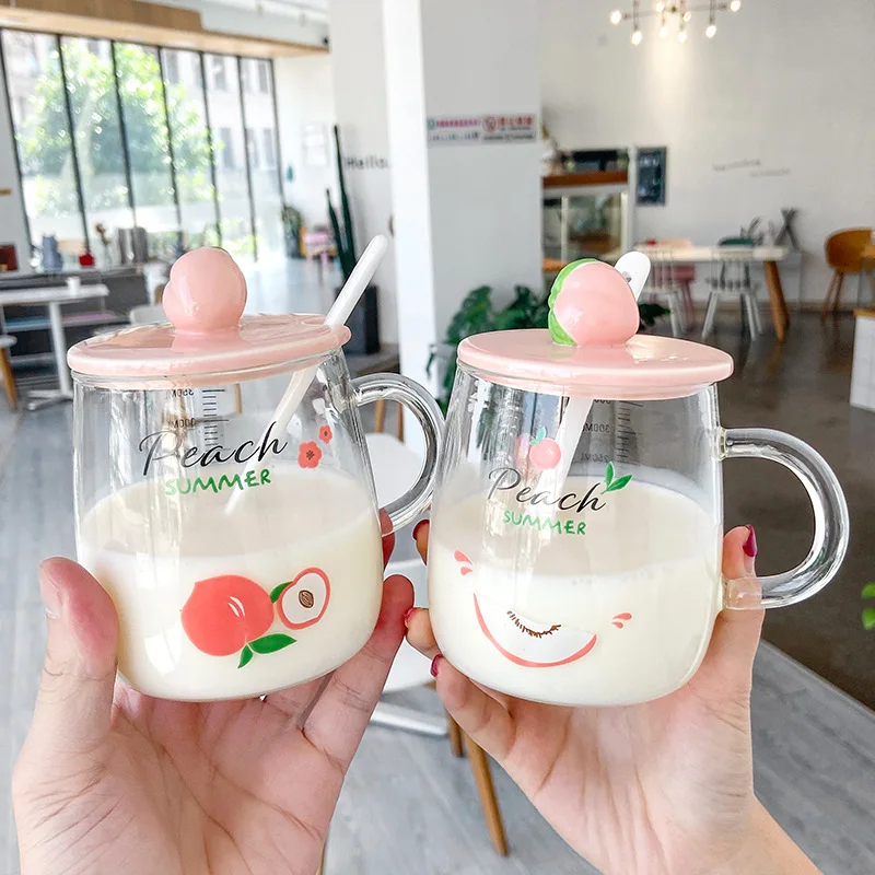 

Korean-Style Peach Handle Glass Mug Harajuku Glass with Cover Water Cup Cup Mugs Coffee Cups Long Distance Relationship Gifts