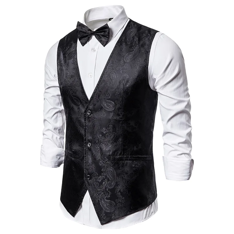 

Mens Gentleman Formal Business Suit Vests 2022 Fashion Black Paisley Print Wedding Dress Vest Waistcoat Men Gilet Homme Costume