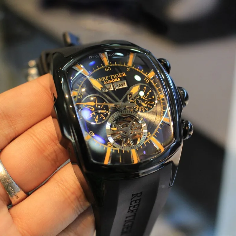 

Reef Tiger/RT Men's Sport Automatic Watches Rubber Strap Analog Wrist Watches Big Dial Luminous Tourbillon Watch RGA3069