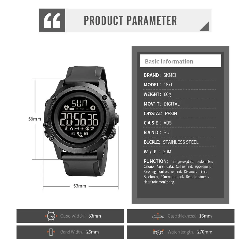 

SKMEI No charge Bluetooth Mens Smart Watches Heart Rate 3D Pedometer Men Sport Wrist Smart Watch reloj inteligente hombre 1671