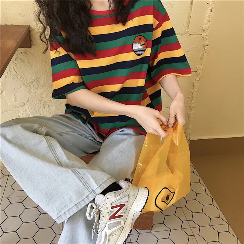 

New 2021 Female T Shirt Korean Fashion O Neck Casual Harajuku Striped Shirt Women Loose Cute Short Sleeve T Shirts