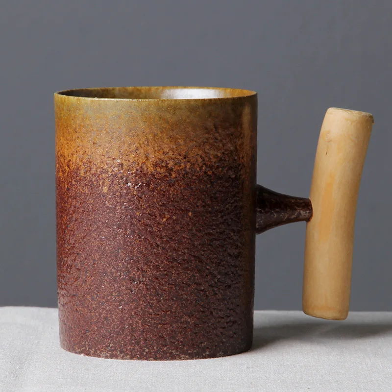 

M Japanese Style Ceramic Tumbler Water Glass Cup Coffee Cups Milk Mug Wooden Handle Mugs Large Capacity Shot Glasses Reusable