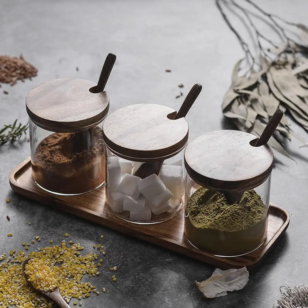 

Seasoning Box Wood Lid Cooking Tools Glass Sugar Milk Powder Spices Storage Case for Home Seasoning Box