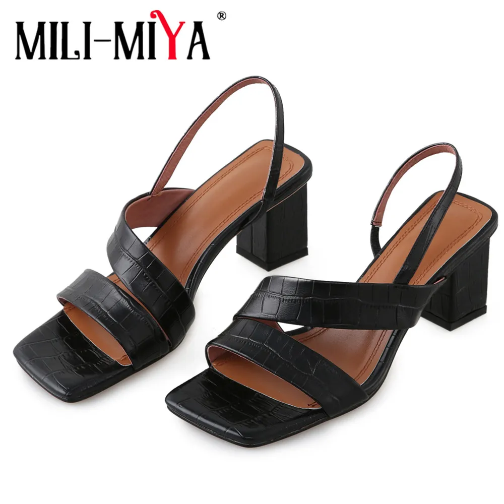 MILI-MIYA Plus Size 34-43 Concise Style Stone Pattern Chunky Heel Slippers Square Open Toe Women Sandals Slip On Summer Shoes