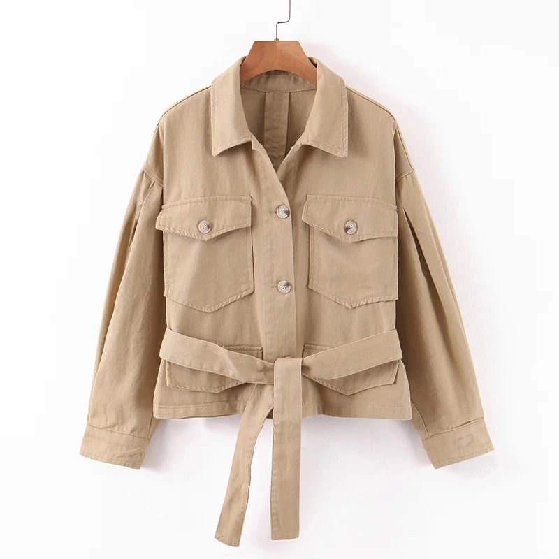 Стильный шикарный хаки галстук ремень куртки Женская мода отложной воротник