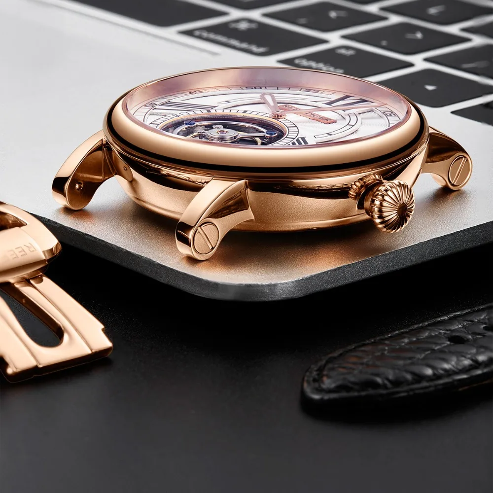

2020 Reef Tiger/ET Casual Designer Watch Men Tourbillon Automatic Mechanical Luxury Alligator Strap Rose Gold Watches RGA1999