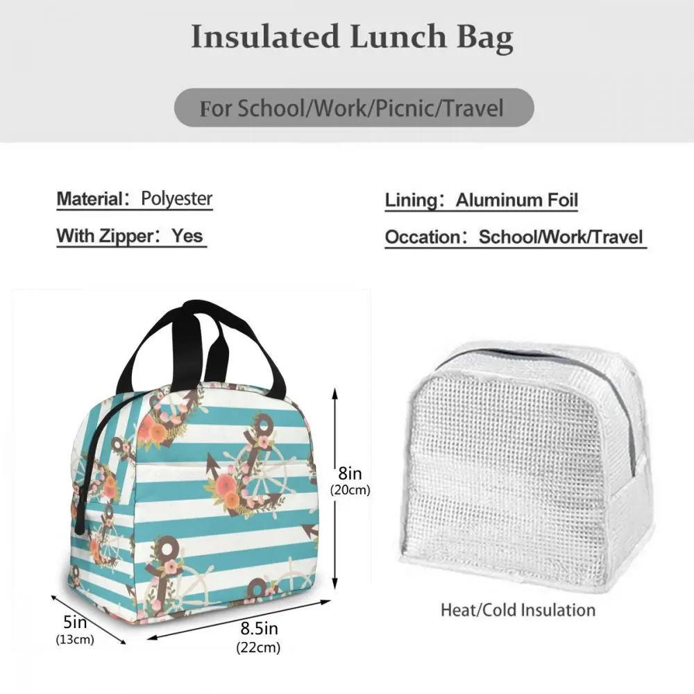 

Nautical Floral Anchor Steering Wheel On Striped Cooler Bag Portable Zipper Thermal Lunch Bag Convenient Lunch Box Tote Food Bag