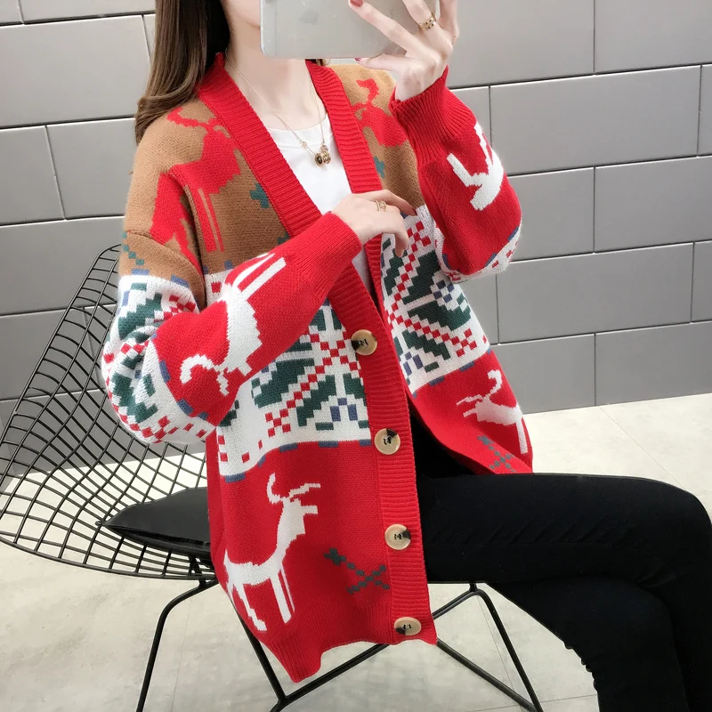 

2020 autumn new loose outer wear lazy style net red knitted jacket women's mid-length sweater cardigan thickening tide