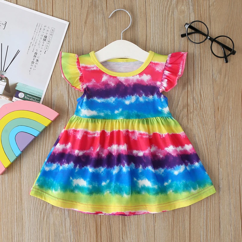

Summer Baby Girls Rainbow Stripes Dress Cute A-Line Tie Dye Princess Dresses for Toddler Kids Clothes Children Clothing 0-3Y