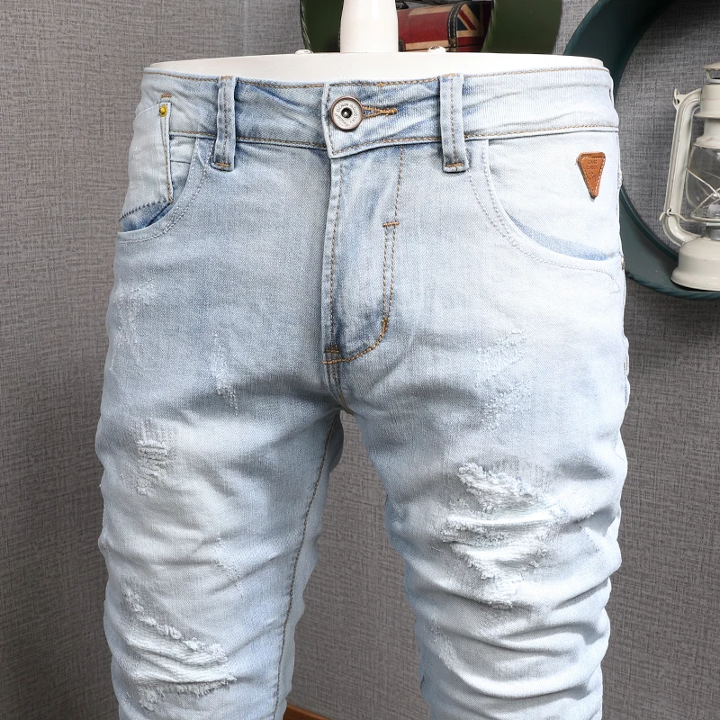 Summer Men Light Blue Ripped Jeans Men Streetwear Casual Slim Fit Denim Pants Cotton Trousers