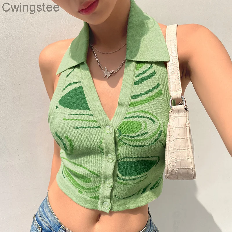 

Summer Striped y2k Tops Halter Knitted Vest For Women Sexy Backless Slim Crop tops Outfits Female Tank Tops Streetwear