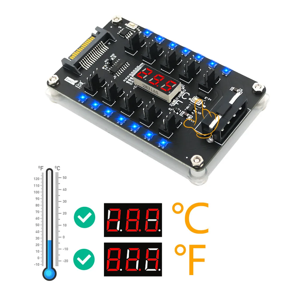 

Fan Hub Motherboard 1 to 10pin 3/4Pin Fan to SATA 4Pin PWM Cooler Splitter 12V Power Supply Controller Adapter +LED Temperature