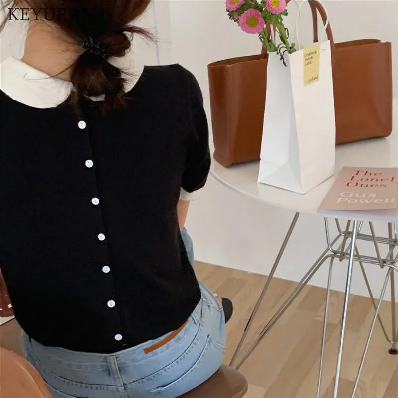 

Women Knitted Cropped Sweater Korean Spring Summer Turn Down Collar Bubble Short-sleeved Sweater Thin Knit T-shirt Knitwear Tops
