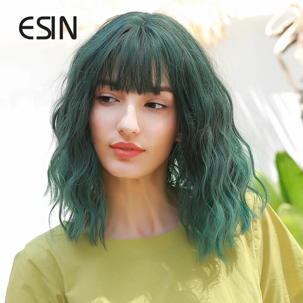 ESIN Ombre зеленый парик средней длины с челкой INS Косплей парики для женщин