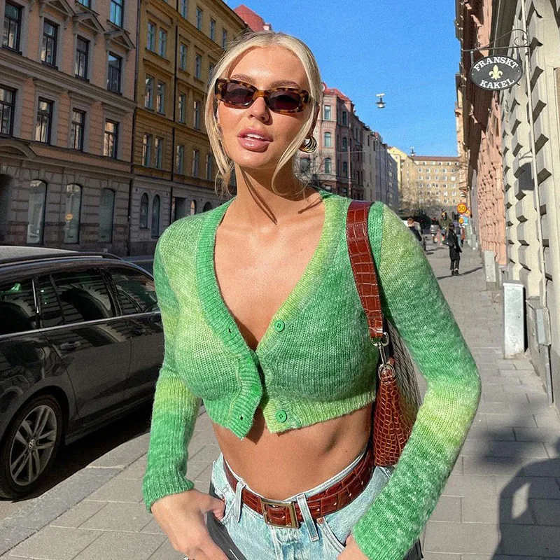 

Женский укороченный топ на пуговицах, Элегантная трикотажная футболка с длинным рукавом и V-образным вырезом, с принтом, 2021