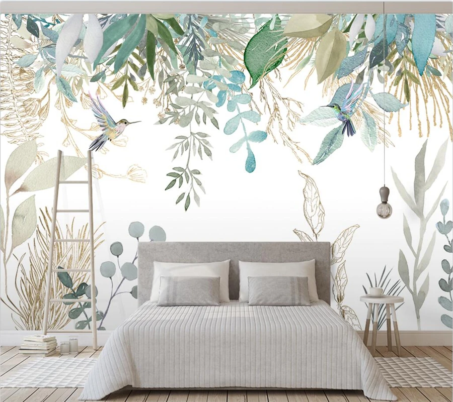 

Custom wallpaper 3D Nordic hand-painted small fresh tropical plants leaves flowers and birds murals living room background wall
