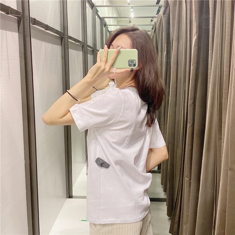 

2021 New Women Simply Beauty Head Sculpture Appliques Casual Slim White T-shirt Female Chic Basic Summer Tops