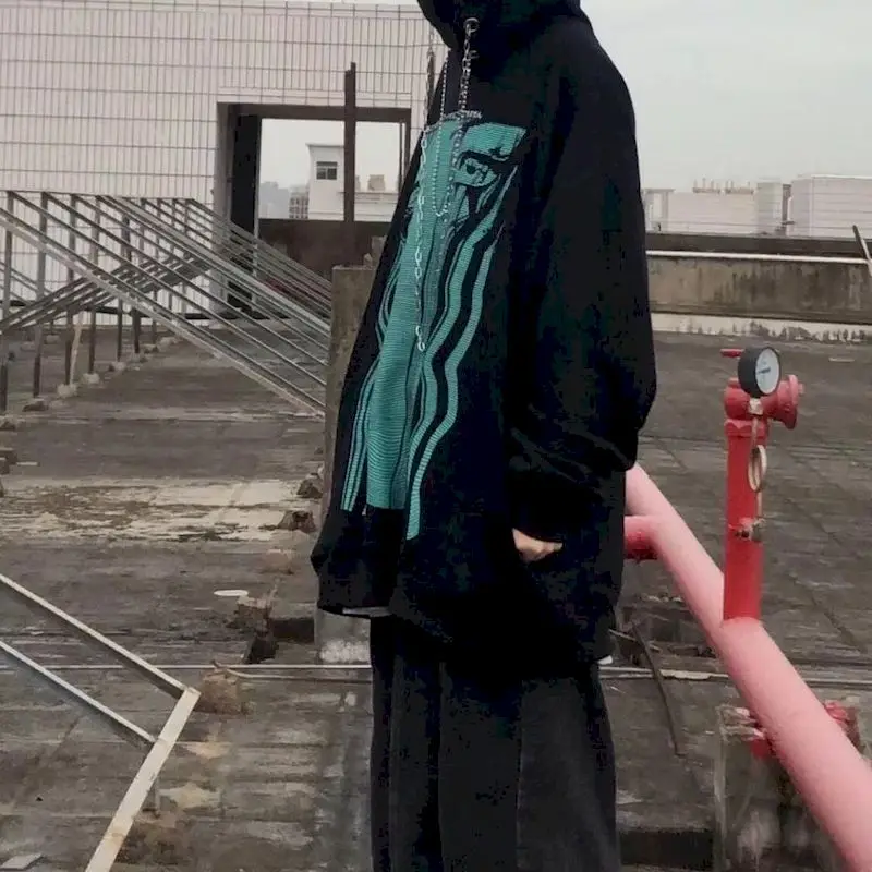 

Couple Oversized Hoodie Sweatshirt Anime Tear Stripe 2021 Autumn New Vintage Y2k High Street Goth Harajuku Dark Funeral Lazy Emo