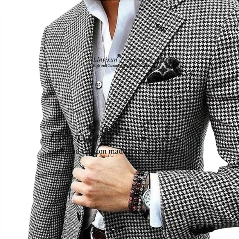 

Custom made woolen houndstooth blazer Casual Men suit wedding suit houndstooth jacket+black woolen pants+vest costume homme